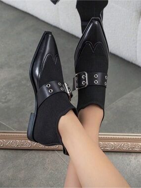 Black Buckle Pointed Toe Ankle Flats - Women's Shoes